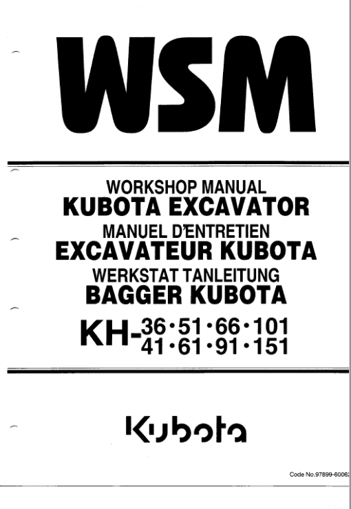 Kubota KH66, KH91, KH101, KH105 Excavator Workshop Manual