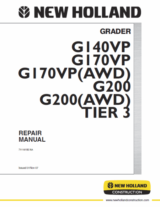 New Holland G170VP AWD, G200VP AWB Motor Grader Repair Manual