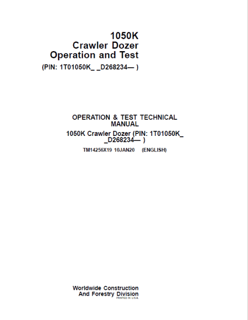 John Deere 1050K Crawler Dozer Technical Manual (SN. from D268234)