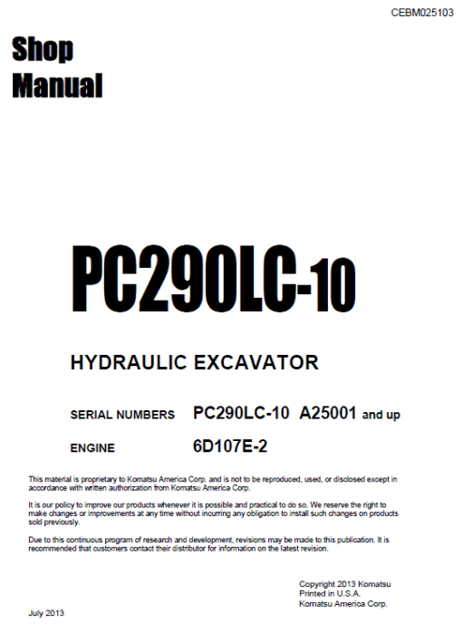 Komatsu PC290LC-10 Excavator Service Manual