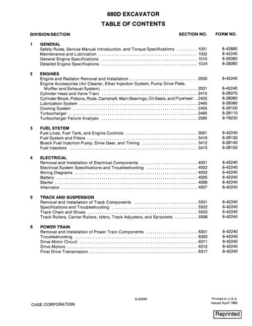 Case 880D Excavator Service Manual