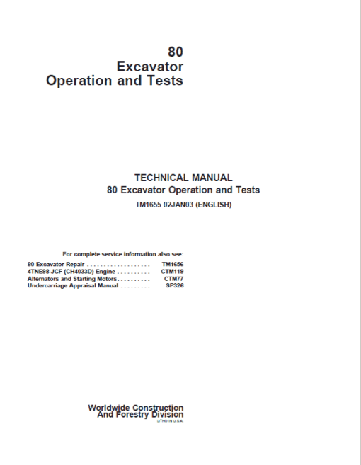 John Deere 80 Excavator Repair Technical Manual