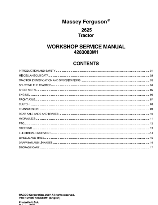 Massey Ferguson 2625 Tractors Service Workshop Manual