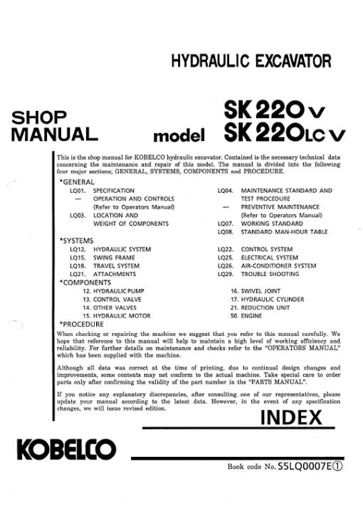 Kobelco SK220-V and SK220LC-V Excavator Service Manual