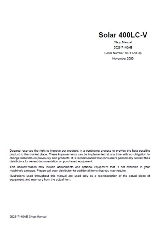 Daewoo Solar S400LC-V Excavator Service Manual