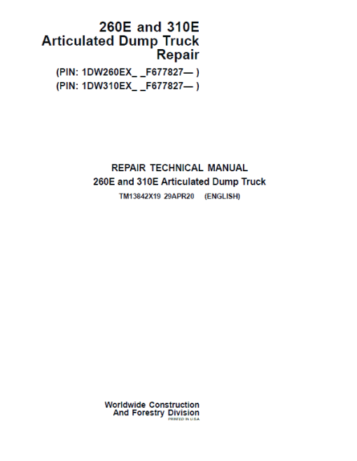 John Deere 260E and 310E Articulated Dump Truck Technical Manual (SN. from F677827)