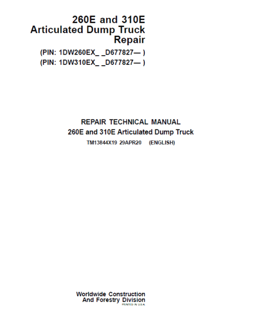 John Deere 260E and 310E Articulated Dump Truck Technical Manual (SN. from D677827)