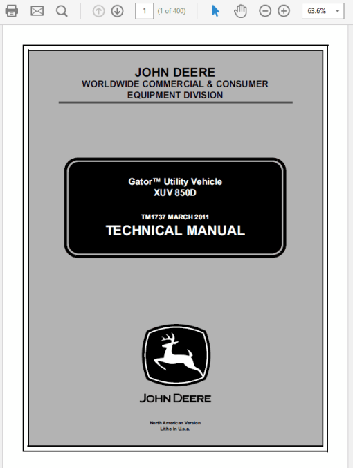 John Deere XUV 850D M-Gator Utility Vehicle Technical Manual (TM1737)