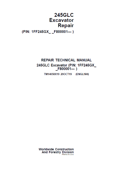 John Deere 245GLC Excavator Repair Technical Manual (SN. F800001-)