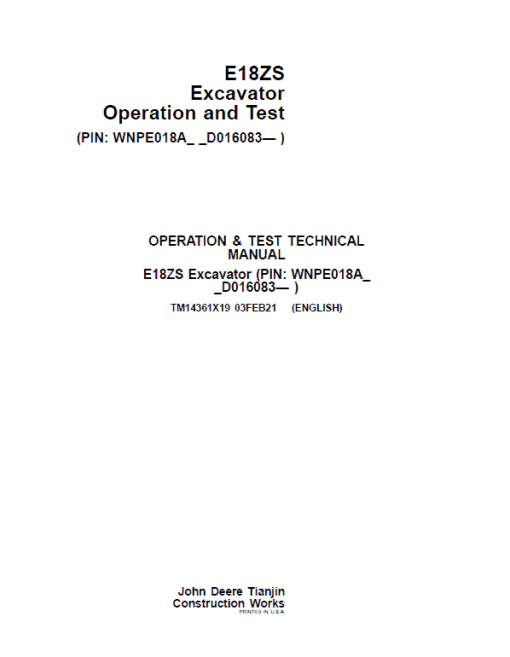 John Deere E18ZS Excavator Repair Technical Manual (SN. D016000 - ) - Image 2