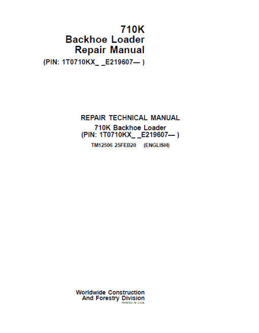 John Deere 710K Backhoe Loader Repair Technical Manual (S.N after E219607 - )