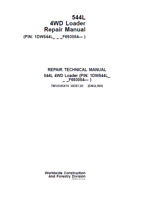 John Deere 544L 4WD Loader Repair Technical Manual (S.N after F693054 - )