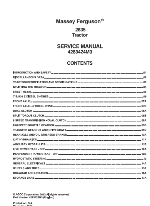 Massey Ferguson 2635 2WD/4WD Tractors Service Workshop Manual