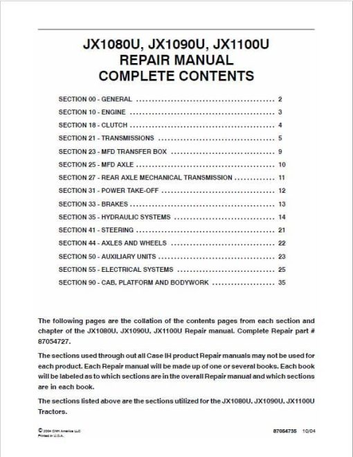 Case JX1080U, JX1090U, JX1100U Tractor Service Manual