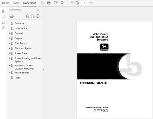 John Deere 860 and 860A Scraper Repair Technical Manual (TM1014)