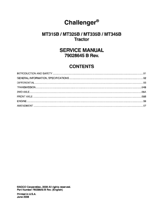 Challenger MT315B, MT325B, MT335B, MT345B Tractor Service Manual