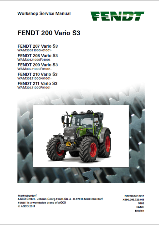 Fendt 207, 208, 209, 210, 211 Vario S3 Tractors Workshop Repair Manual