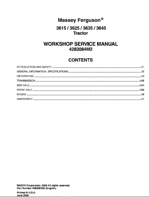 Massey Ferguson 3615, 3625, 3635, 3645 Tractors Service Workshop Manual