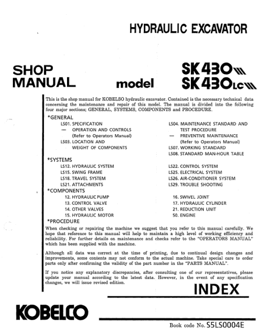 Kobelco SK430 and SK430LC Excavator Service Manual