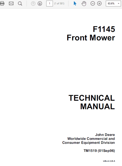 John Deere F1145 Front Mower Repair Technical Manual (TM1519)