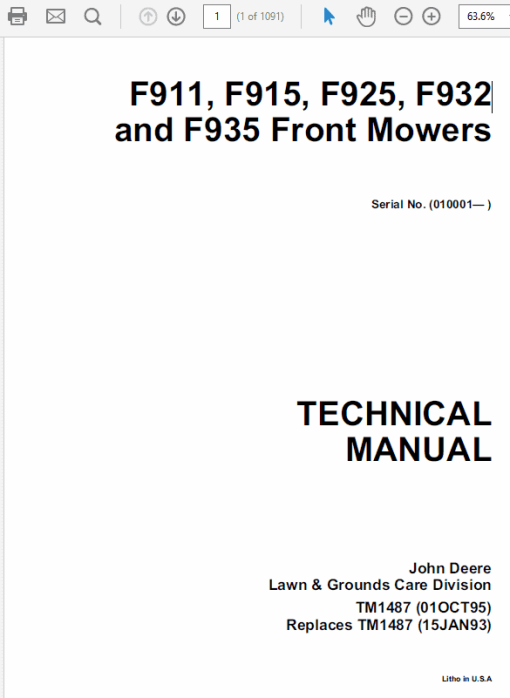 John Deere F911, F912,  F915, F925, F932, F935 Front Mowers Technical Manual