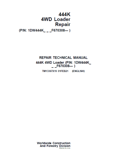 John Deere 444K 4WD Loader Technical Manual (SN. After F670308)