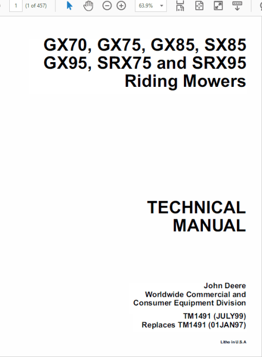 John Deere GX70, GX75, GX85, SX85, GX95, SRX75, SRX95 Mowers Technical Manual