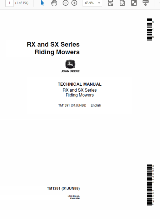 John Deere RX63, RX73, SX75, RX95, SX95 Mowers Technical Manual (TM1391)