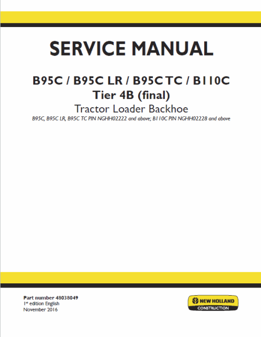 New Holland B95C, B95C TC, B95C LR Backhoe Loader Service Manual