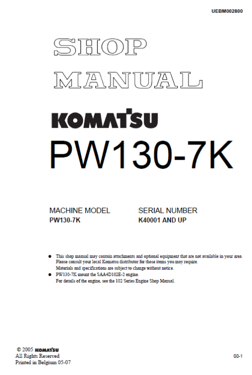 Komatsu PW130-7K Excavator Service Manual