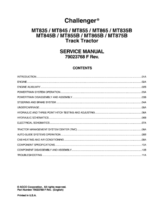 Challenger MT835B, MT845B, MT855B, MT865B, MT875B Tractor Service Manual