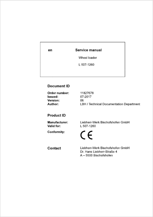 Liebherr L507 Type 1260 Wheel Loader Service Manual