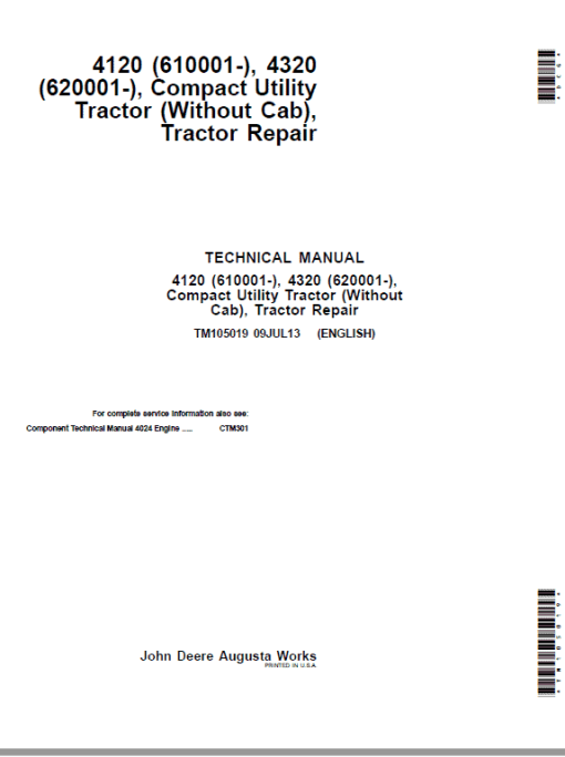 John Deere 4120, 4320 Compact Utility Tractors Technical Manual (Without Cab - S.N 610001-)