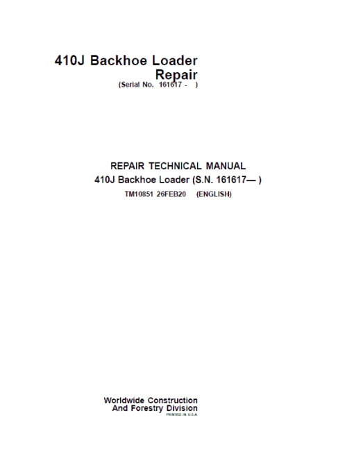 John Deere 410J Backhoe Loader Repair Technical Manual (S.N after 161617 - )