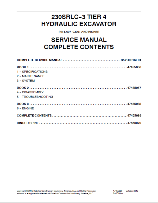 Kobelco 230SRLC-3 Tier 4 Hydraulic Excavator Repair Service Manual