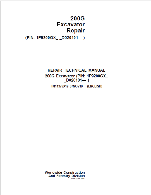 John Deere 200G Excavator Repair Technical Manual (S.N after D020101 - )