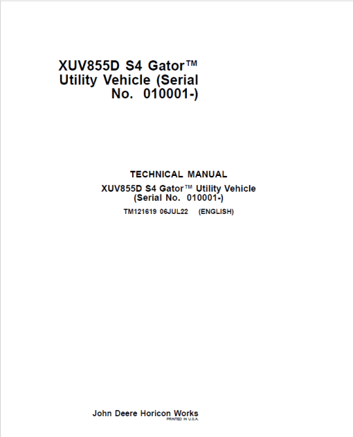 John Deere XUV855D S4 Gator Utility Vehicle Service Repair Manual (TM121619) (Serial No. 010001-)