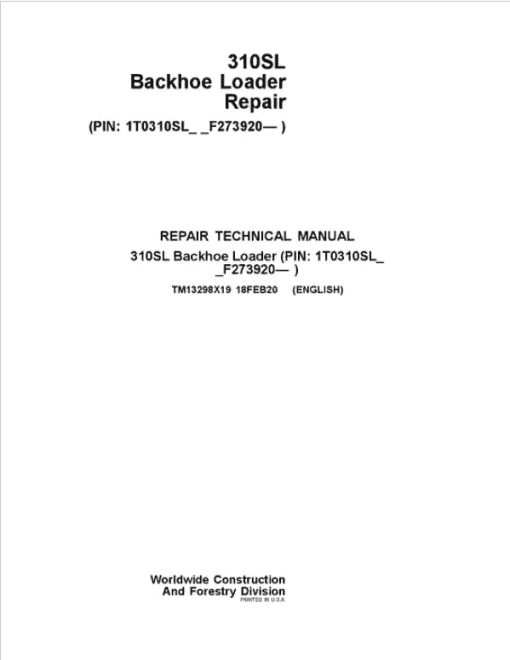 John Deere 310S Backhoe Loader Technical Manual (SN. F273920-)