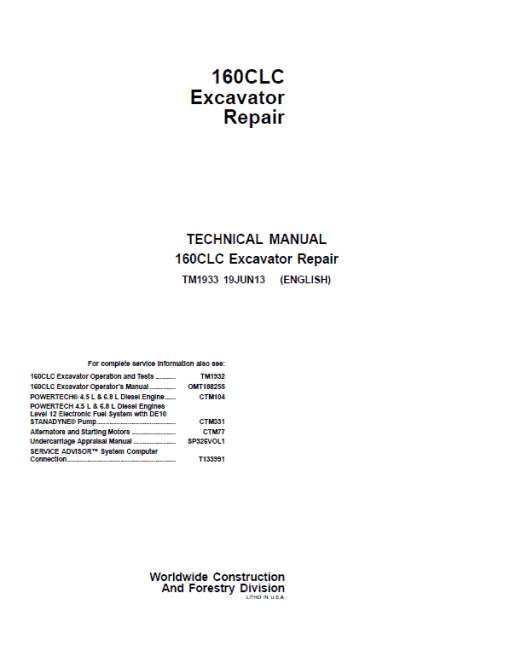 John Deere 160CLC Excavator Repair Technical Manual