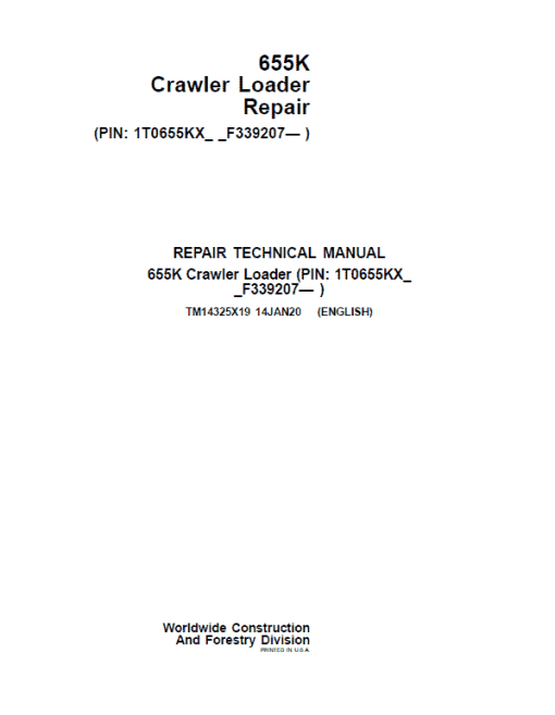 John Deere 655K Crawler Loader Repair Technical Manual (S.N after F339207 - )