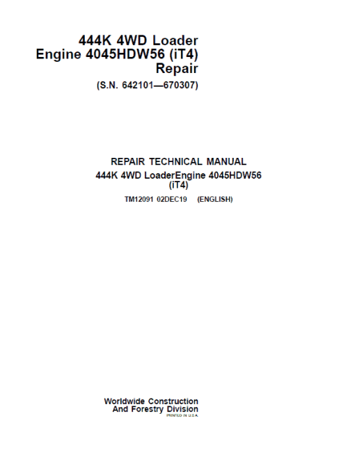 John Deere 444K 4WD Loader Engine 4045HDW56 iT4 Technical Manual (SN. 642101 - 670307)