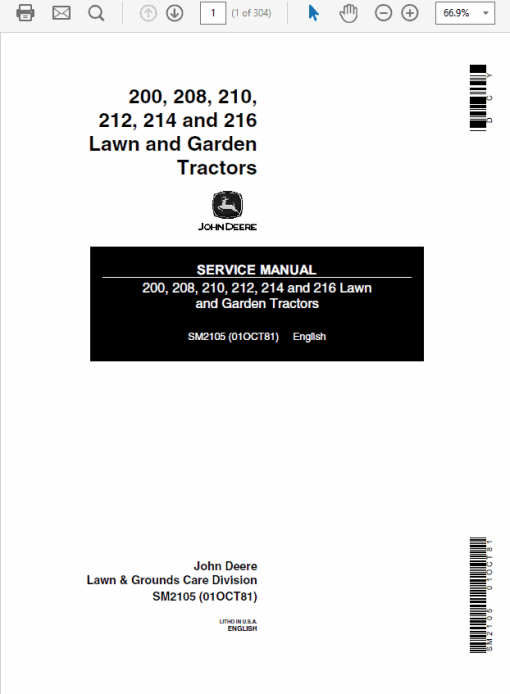 John Deere 200, 208, 210, 214, 216 Lawn Garden Service Manual (SM2105)