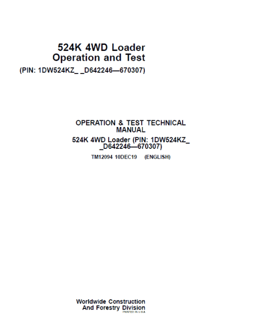 John Deere 524K 4WD Loader Technical Manual (SN. D642246 - D670307) - Image 2