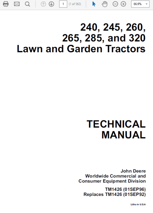 John Deere 240, 245, 260, 265, 285, 320 Lawn Garden Tractors Technical Manual