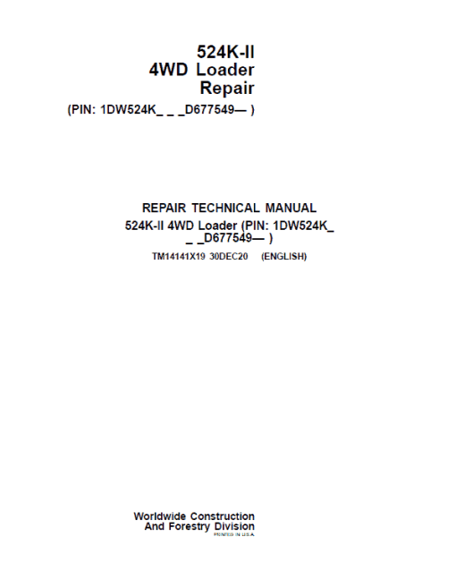 John Deere 524K-II 4WD Loader Technical Manual (SN. from D677549)