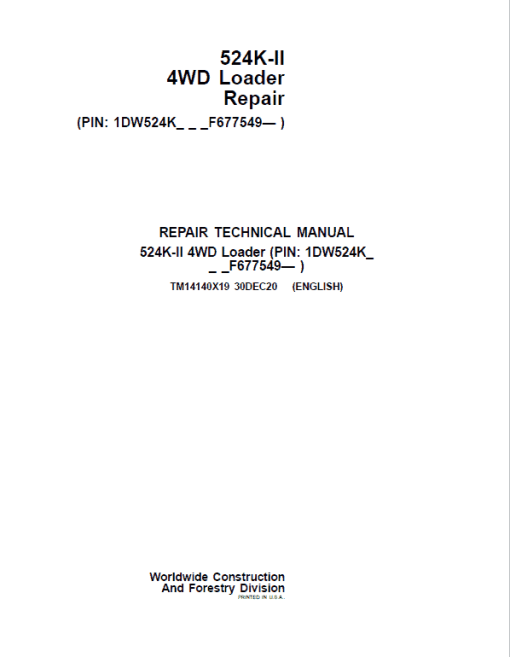 John Deere 524K-II 4WD Loader Technical Manual (SN. from F677549)