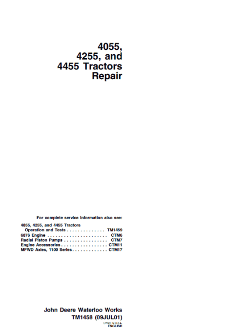 John Deere 4055, 4255, 4455 Tractors Repair Technical Manual