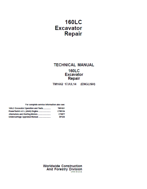 John Deere 160LC Excavator Repair Technical Manual