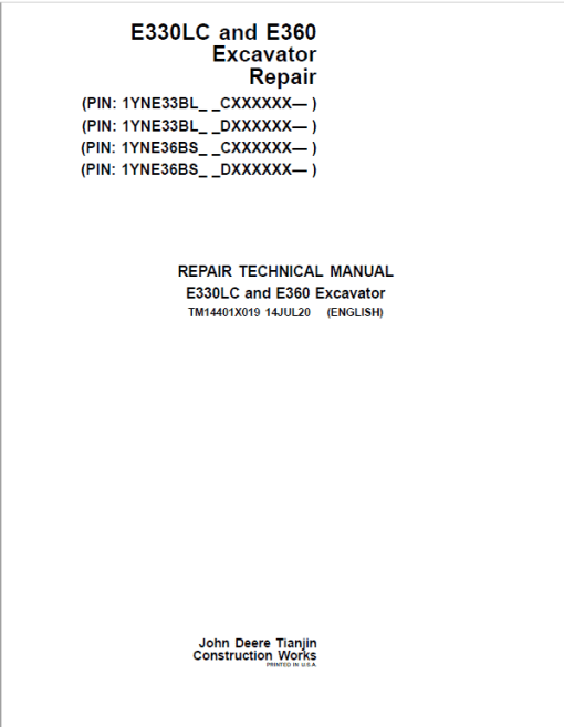 John Deere E330LC, E360 Excavator Repair Manual (S.N after CXXXXXX - & DXXXXXX -)