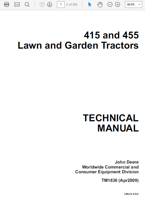 John Deere 415, 455 Lawn Garden Tractors Technical Manual (TM1836)